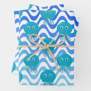 Gradient Blaue Wellen und Quallenmuster Geschenkpapier Set