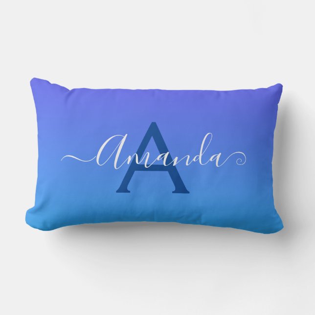 Gradient Blue elegante Monogram und Name Lendenkissen (Vorderseite)