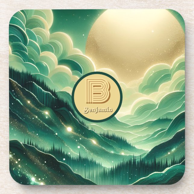 Gradient Emerald Kelly Green Glitzer Mit Monogramm Getränkeuntersetzer (Vorderseite)