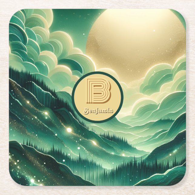 Gradient Emerald Kelly Green Glitzer Mit Monogramm Rechteckiger Pappuntersetzer (Vorderseite)