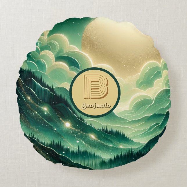 Gradient Emerald Kelly Green Glitzer Mit Monogramm Rundes Kissen (Vorderseite)