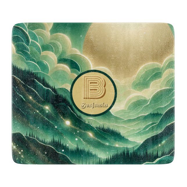 Gradient Emerald Kelly Green Glitzer Mit Monogramm Schneidebrett (Vorderseite)