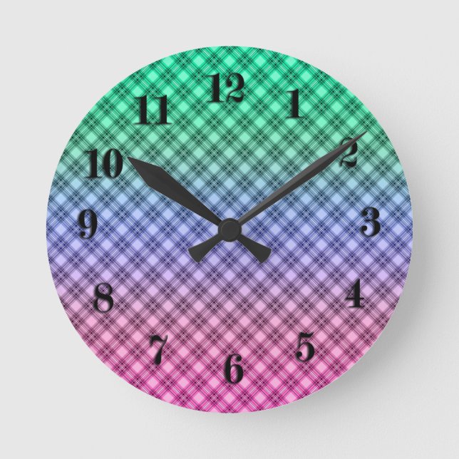 Gradient Raster kariertes Tartan Muster pink Runde Wanduhr (Vorderseite)
