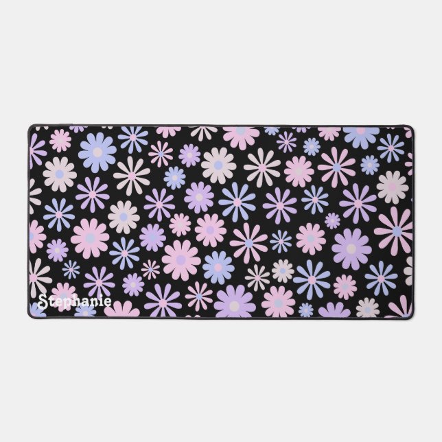 Gradient Retro Pink Lila Blue Daisies Black Schreibtischunterlage (Vorderseite)