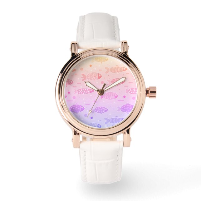 Gradient Sunset Fish Muster Modern Armbanduhr (Vorderseite)