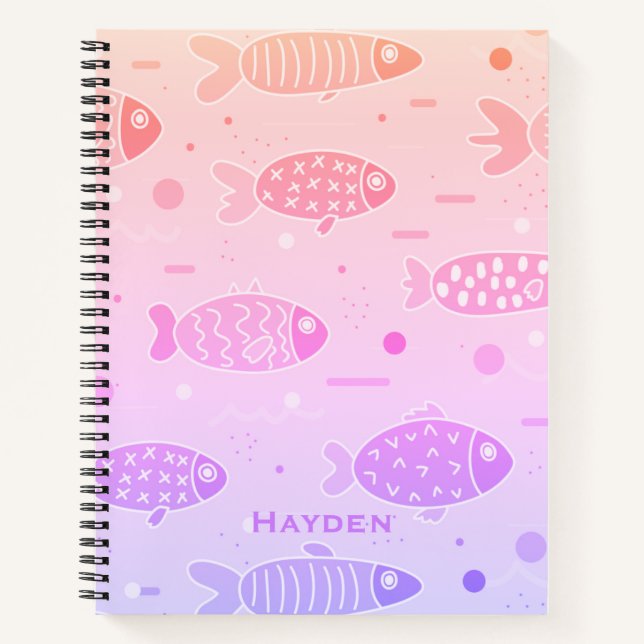 Gradient Sunset Fish Muster Modernes Personalisier Notizbuch (Vorderseite)