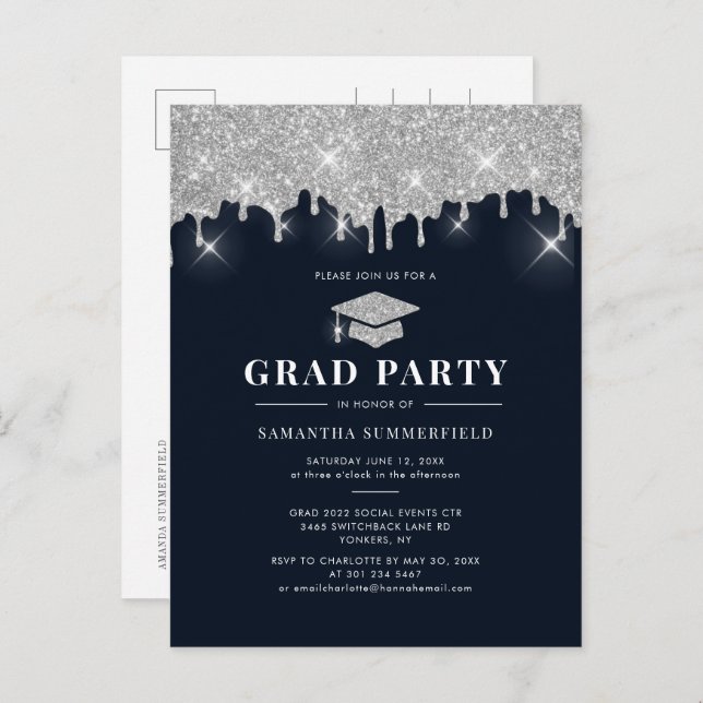 Graduate 2022 Navy Silver Glitzer Graduation Party Einladungspostkarte (Vorne/Hinten)