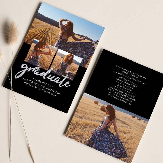 Graduate 2025 Black Script Grad Foto Collage Ankündigung (Graduate Photo Collage Modern Graduation Announcement)