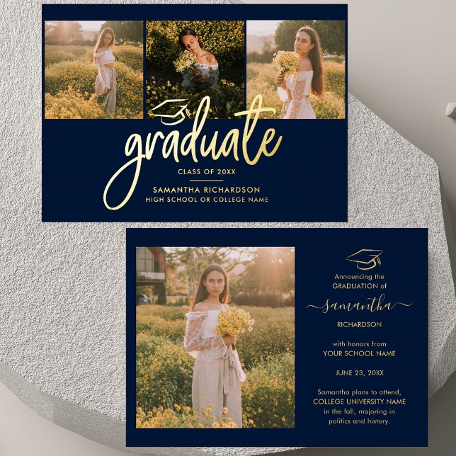 Graduate 2025 Foto Collage Navy Blue Gold Folieneinladung (Graduation 2025 Multi Photo Script Gold Foil Announcement)