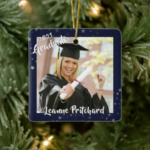 Graduate 2 Foto Navy Blue Stars Pinselschrift Keramikornament