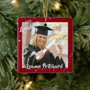 Graduate 2 Foto Rote Sterne Pinselschrift Keepake Keramikornament