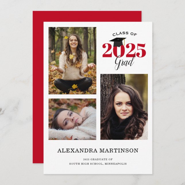 Graduate 3 Foto Collage Red Abschluss Einladung (Vorne/Hinten)