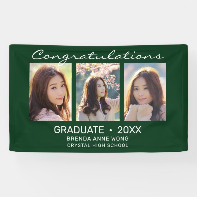 Graduate 3 Foto Collage Weißes Script Green 2023 Banner (Horizontal)