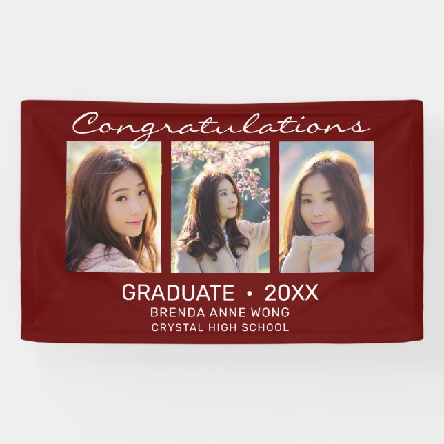 Graduate 3 Foto Collage White Script Maroon 2023 Banner (Horizontal)