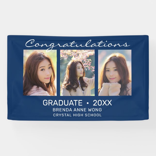 Graduate 3 Foto Collage White Script Royal Blue Banner (Horizontal)