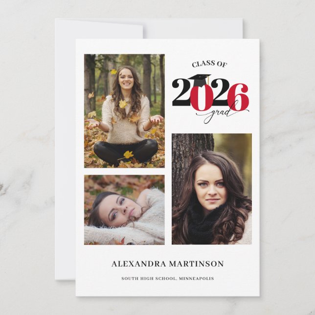 Graduate 3 Fotos Collage Red Class 2023 Einladung (Vorderseite)