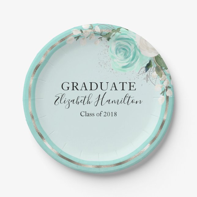 Graduate Aquamarin & Foil Silver Moderne Chic Flor Pappteller (Vorderseite)