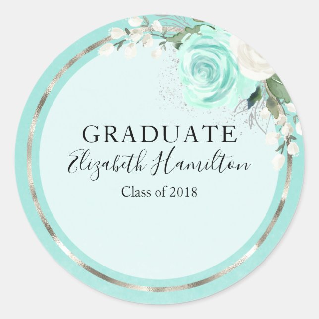 Graduate Aquamarin & Foil Silver Moderne Chic Flor Runder Aufkleber (Vorderseite)