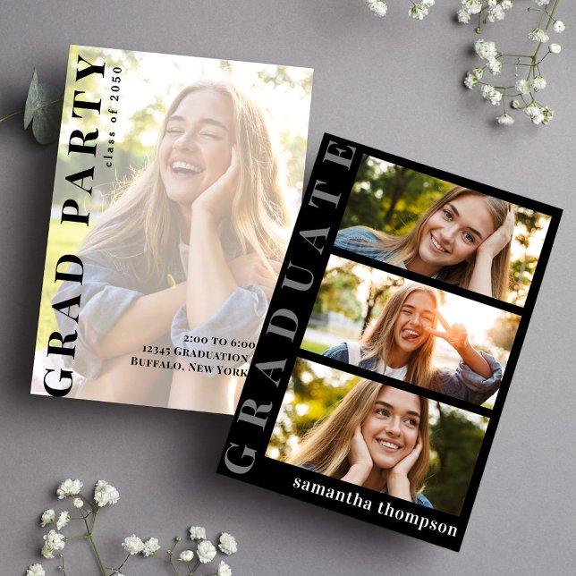 Graduate Black and White Modernes Minimalistisches Ankündigung (Graduate black and white typography invitation with a tfour-photo collage template. )