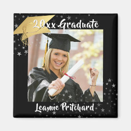 Graduate Black Gold Cap Brush Script Foto Stars Magnet