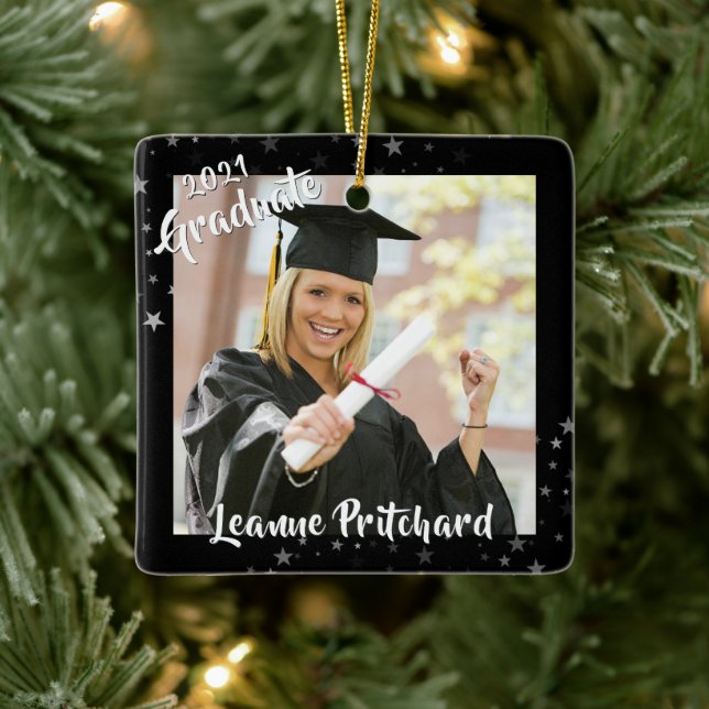 Graduate Brush Script 2 Foto Stars Black Keepake Keramikornament (Baum)