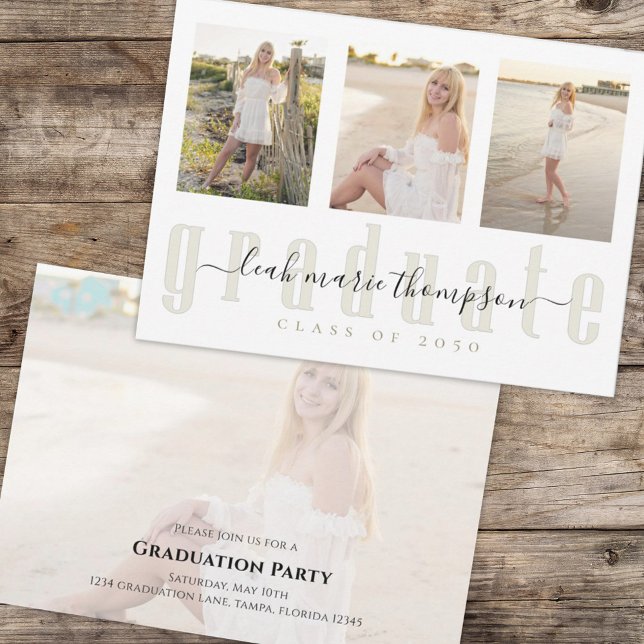 Graduate Calligraphy Script Gold Simple Four Foto Einladung (Graduation photo collage graduate typography invitation announcement. )