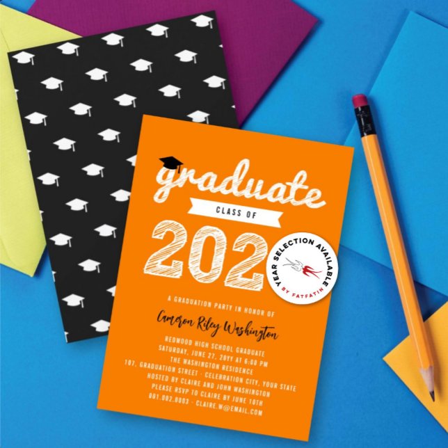 Graduate Cap Class of 2025 Grad Party Einladung (2025 White Graduate Sketch On Orange (color is customizable) Graduation Party Invitation @ fatfatin)