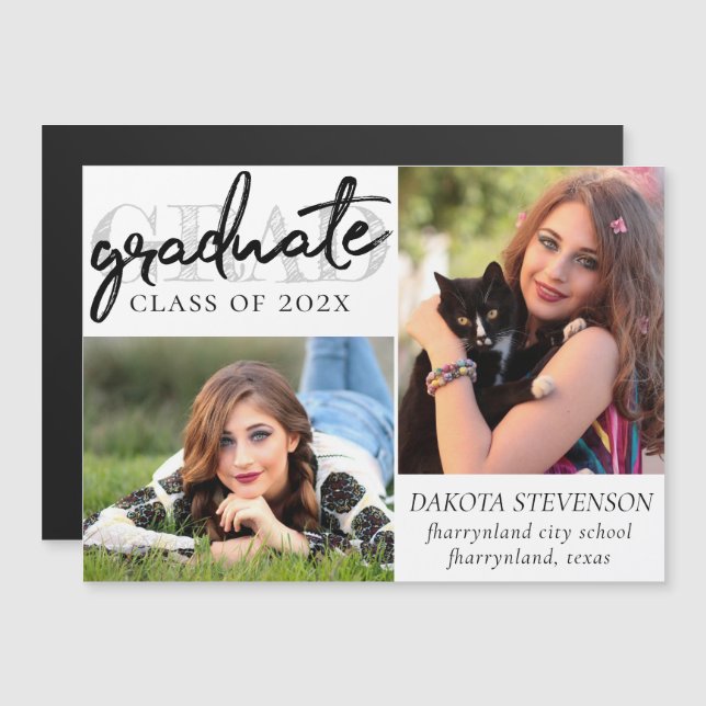 Graduate Chic Script | Einfach 2 Foto Keepake Magneteinladung (Vorne/Hinten)