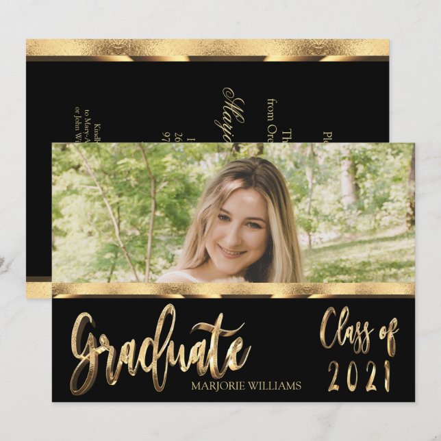 Graduate Class of 2021 Black and Gold Script Einladung (Vorne/Hinten)