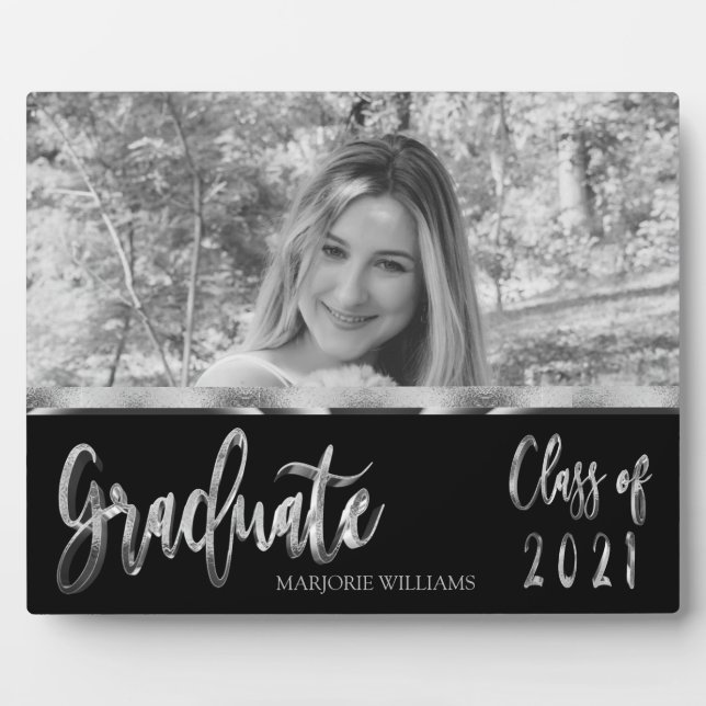 Graduate Class of 2021 Black and Silver Script Fotoplatte (Vorderseite)