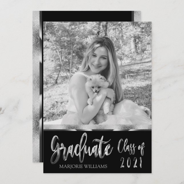 Graduate Class of 2021 Silver Black and White Einladung (Vorne/Hinten)