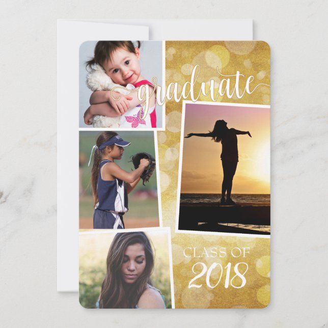 Graduate Class of 20__ Gold Bokeh mit 4 Bildern Einladung (Vorderseite)