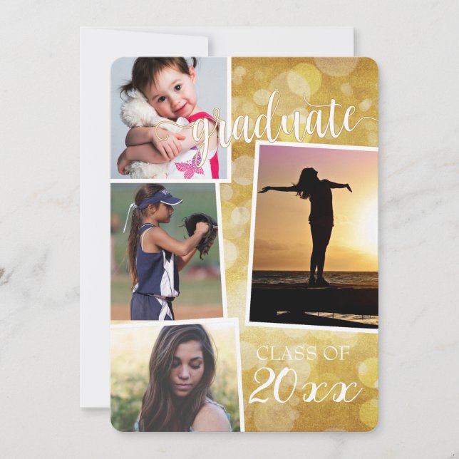 Graduate Class of 20__ Gold Bokeh mit 4 Bildern In Einladung (Vorderseite)