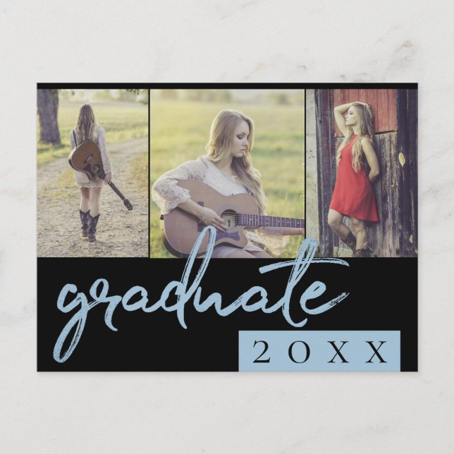 Graduate Collage | Blue Script 3 Foto Keepake Einladungspostkarte (Vorderseite)