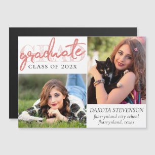 Graduate Coral Script   Trendy 2 Foto Keepake Magneteinladung