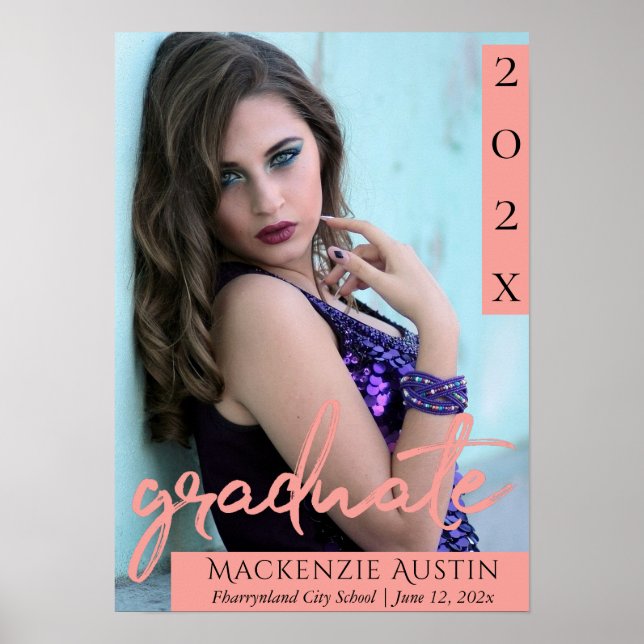Graduate Coral Script | Trendy Grad Foto Keepake Poster (Vorne)