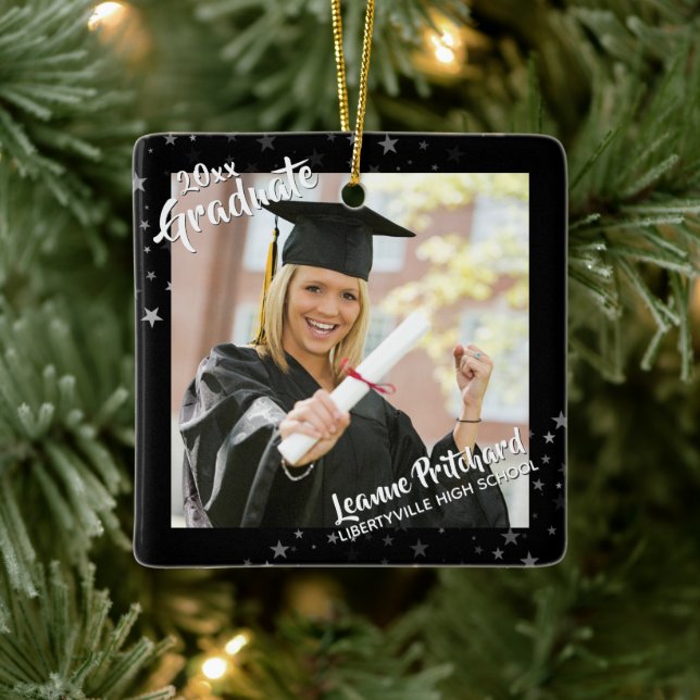 Graduate Editable Black & Stars Zwei-Foto Keramikornament (Baum)