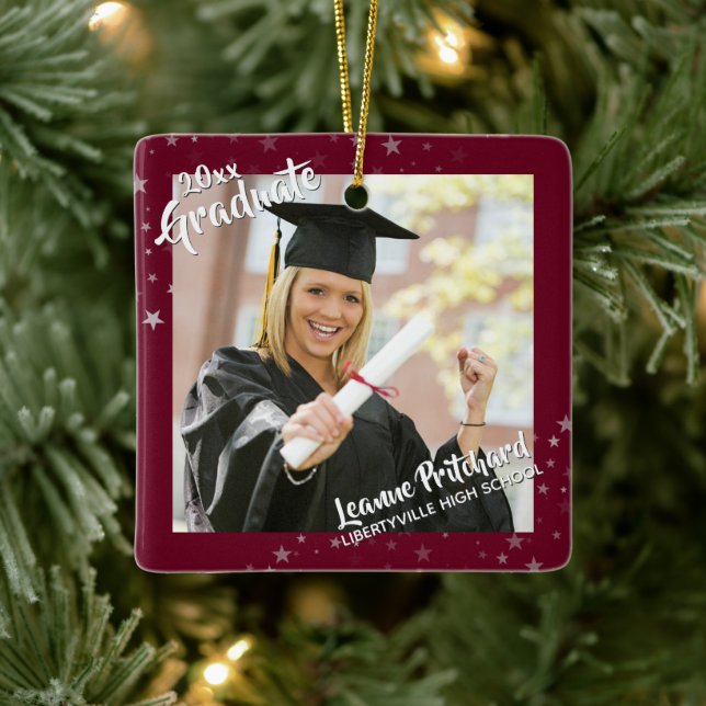Graduate Editable Burgundy & Stars, zwei Fotos Keramikornament (Baum)