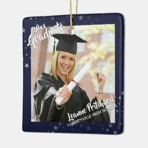 Graduate Editable Navy Blue & Stars Zwei-Foto Keramikornament