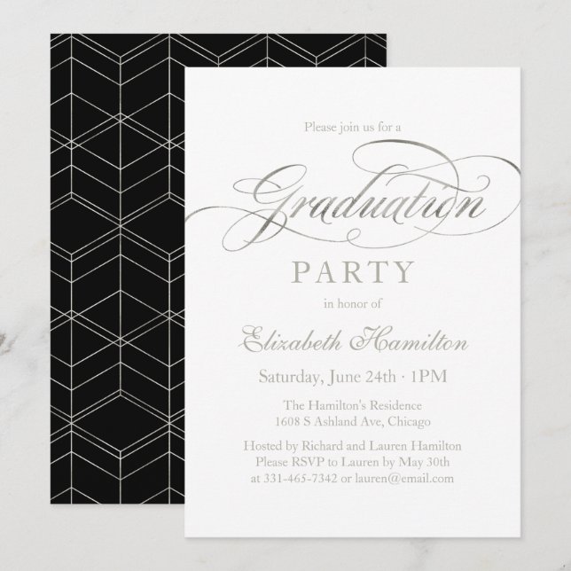Graduate Elegance Foil Silver Script Grad Party Einladung (Vorne/Hinten)