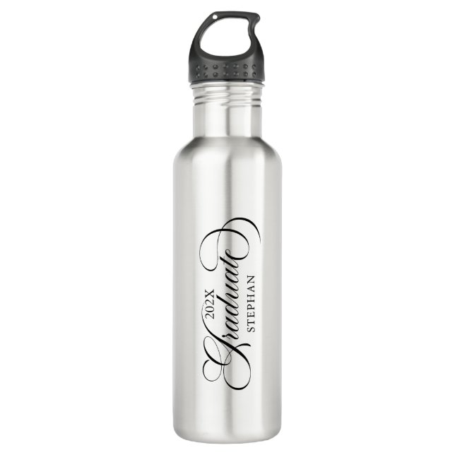 Graduate Elegant Black Script Typografy Edelstahlflasche (Vorderseite)