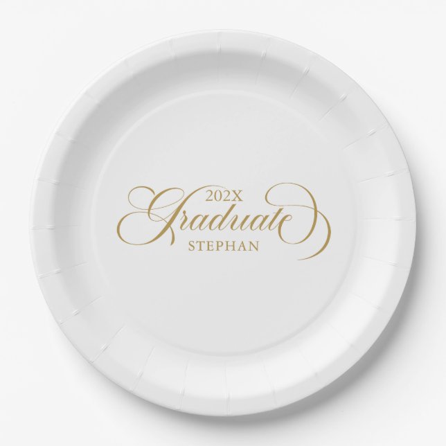 Graduate Elegant Gold Script Typografie Pappteller (Vorderseite)