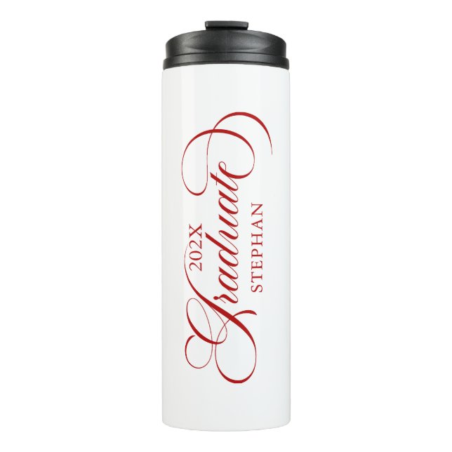 Graduate Elegant Red Script Typografie Thermosbecher (Vorderseite)