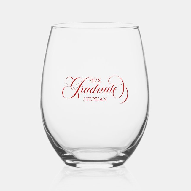 Graduate Elegant Red Script Typografie Weinglas Ohne Stiel (Vorderseite)