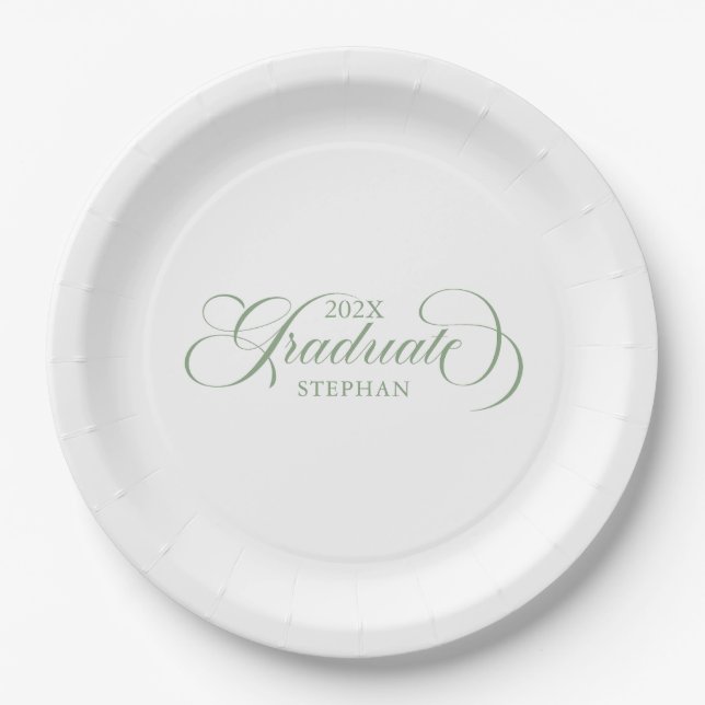 Graduate Elegant Sage Green Script Typografie Pappteller (Vorderseite)