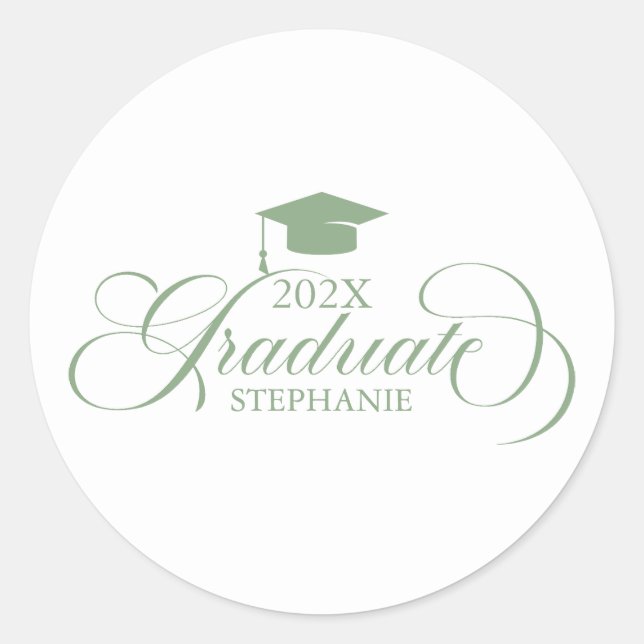Graduate Elegant Sage Green Script Typografie Runder Aufkleber (Vorderseite)
