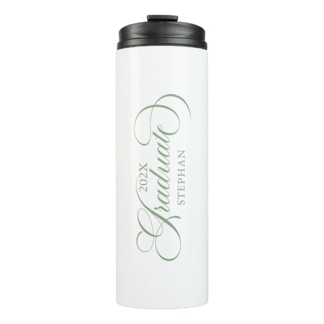 Graduate Elegant Sage Green Script Typografie Thermosbecher (Vorderseite)
