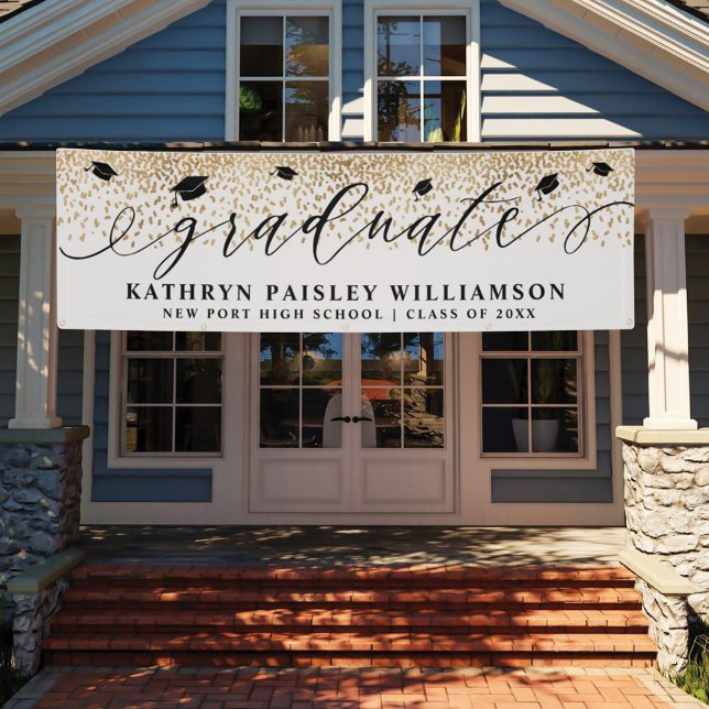 Graduate Elegante Script Gold Confetti Abschluss B Banner (Von Creator hochgeladen)