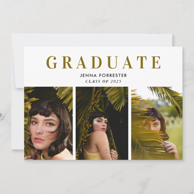 Graduate Elegante Typografie Drei Fotos Einladung (Vorderseite)