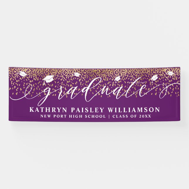 Graduate Elegantes Skript Gold Confetti Abschluss Banner (Horizontal)